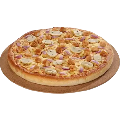 Cheezious Chicken Mushroom Pizza with spiced chicken and mushrooms over white sauce and mozzarella
