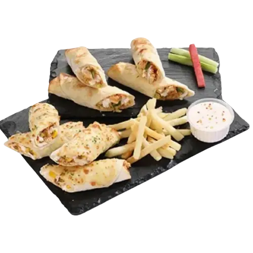 Cheezious Classic Roll Platter — crispy behari rolls and creamy chicken Arabic rolls with golden fries and signature dip sauce