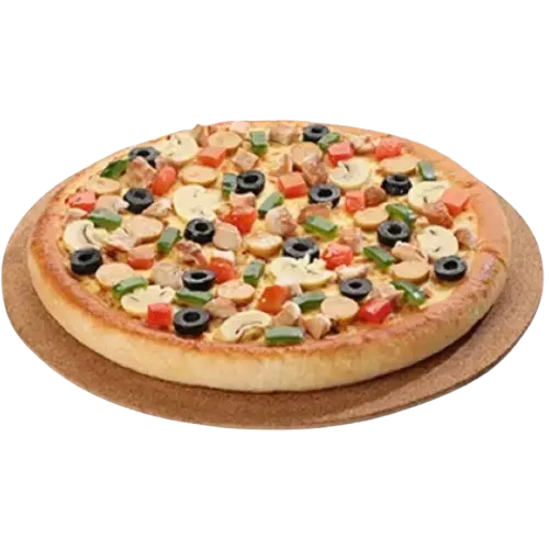 Cheezious Euro Pizza with chicken, sausage, mushrooms, olives, capsicum and tomatoes under mozzarella