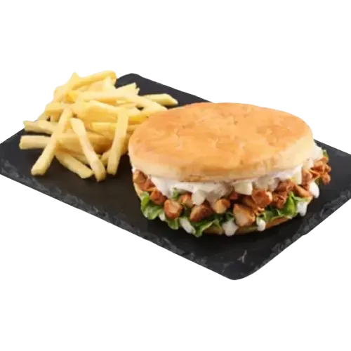 Cheezious Euro Sandwich — black pepper chicken with garlic sauce, pineapple, tomatoes and melted mozzarella on toasted bread with fries