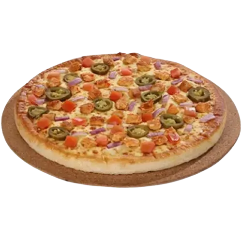 Cheezious Hot n Spicy Pizza with chicken, jalapenos, onions and tomatoes under melted mozzarella