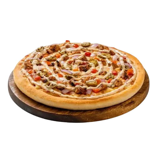 Cheezious Malai Tikka Pizza with smoky chicken tikka in creamy white sauce, onions and bell peppers