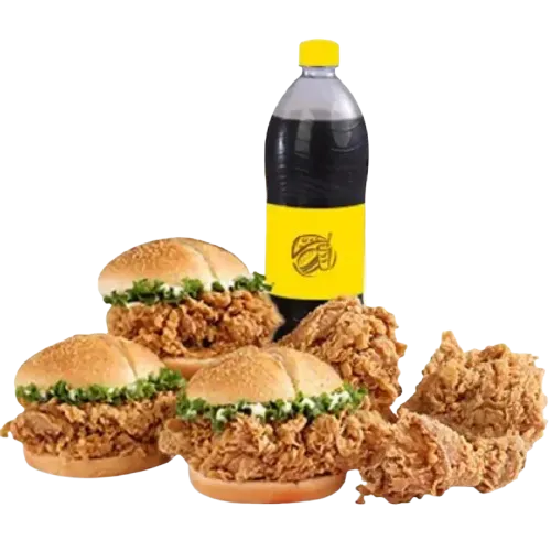 Cheezious Bazinga Family Deal with 3 burgers, 3 pcs fried chicken and a 1 litre drink