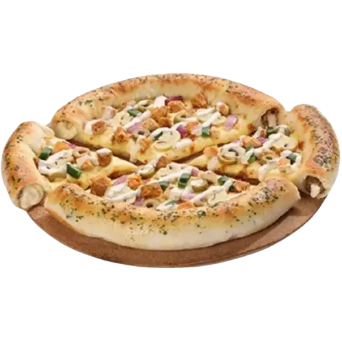 Cheezious Stuffed Crust Pizza with a filled rim, marinated chicken, olives, capsicum and sweetcorn