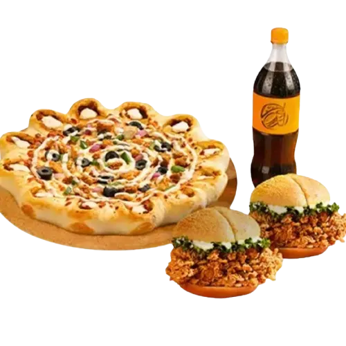 Full Cheezious Menu spread — Zalmi Meal with a Crown Crust pizza, crispy burgers and a soft drink