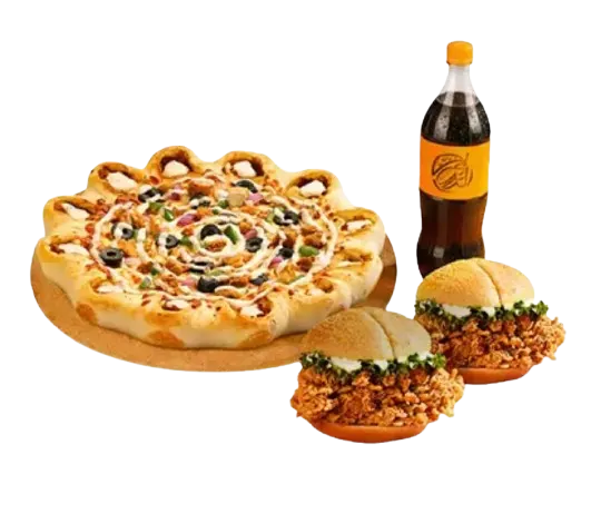 Cheezious Peshawar Zalmi Meal — a Crown Crust pizza, two Bazinga chicken burgers and a large bottled drink